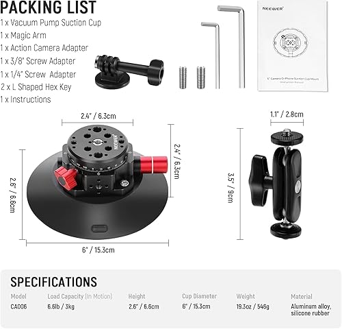 Miniatura 9 de NEEWER Soporte de ventosa para cámara de 6 pulgadas con brazo mágico de cabeza de bola, soporte de ventosa de metal en el tablero del parabrisas del