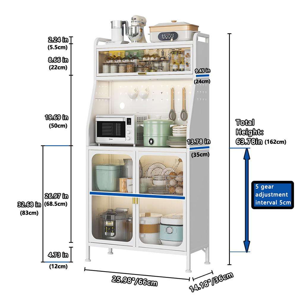 Küchenschrank 66cm, Buffetschrank, Mutfak Dolabı, 5-stufiges Vorratsschrank, Mikrowellenschrank Hochschrank Küche mit Verstellbaren Ablagen mit Türen Weiß (66x36x162cm)