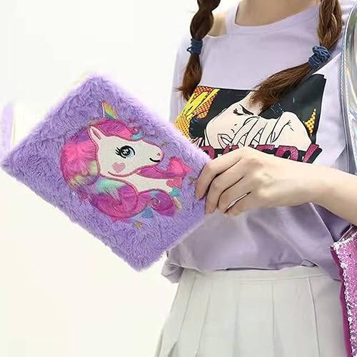 Miniatura 5 de Diario de unicornio de felpa con diseño de arco iris, diario mullido, regalos para los amantes de los animales, para niños, niñas, adolescentes,