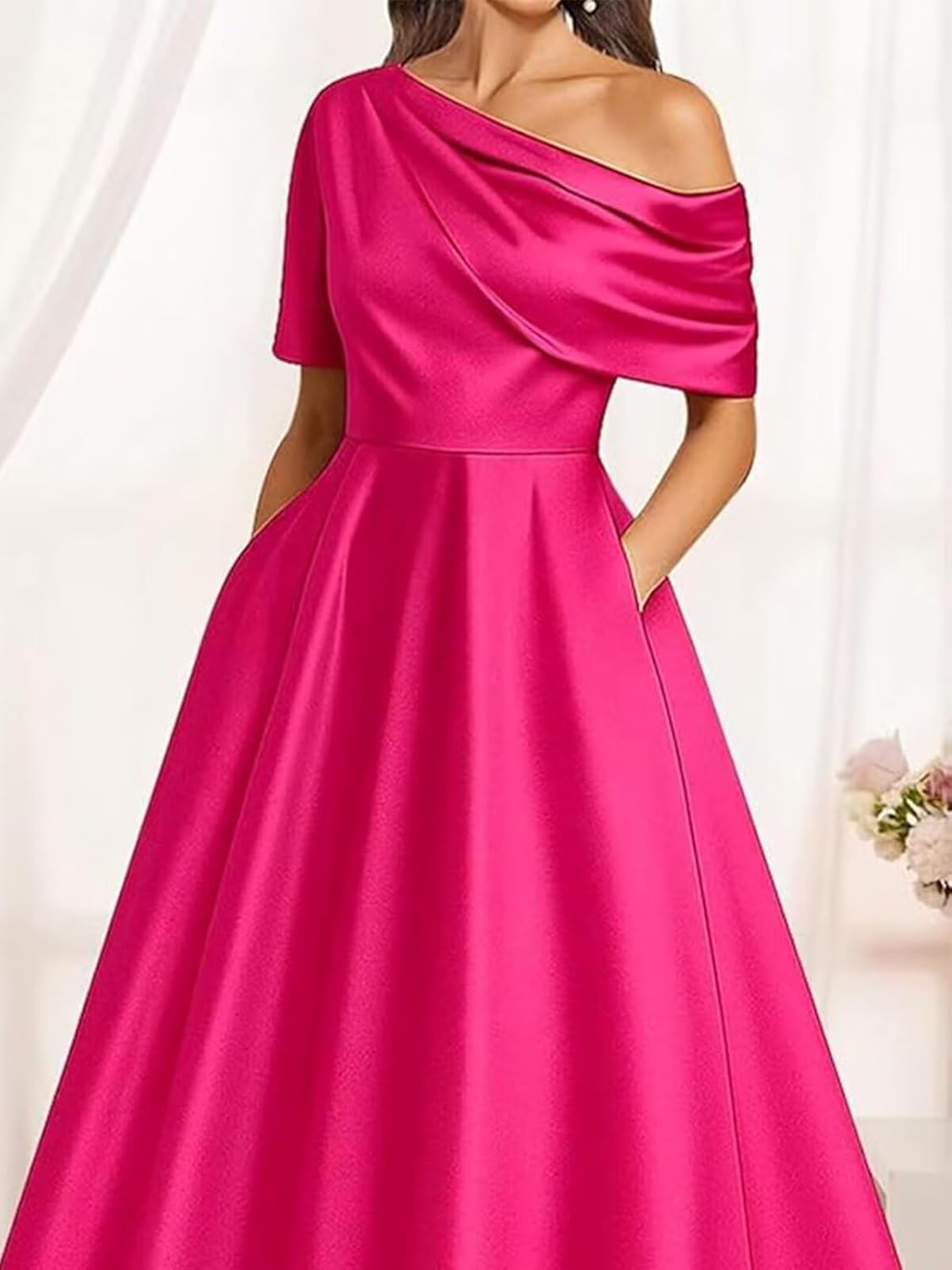 Mother of The Bride Dress Satin One Shoulder Formal Evening Gowns with Pockets Tea Length Wedding Guest Dresses