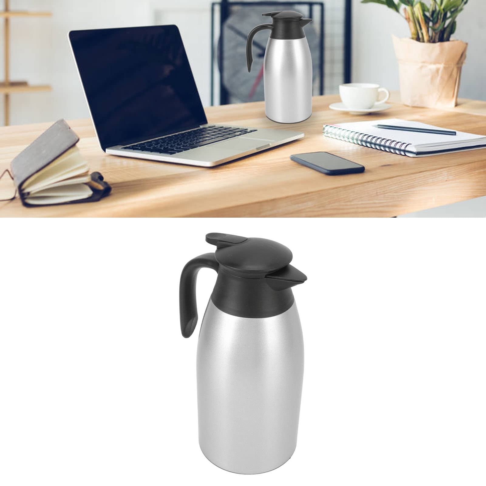 2 Litri Caraffa Termica per Caffè, Caffettiera Sottovuoto Isolante in Acciaio Inossidabile, Brocca Isolante per Caffè, Tè, Bevande e altre Bevande Calde e Fredde(Argento)