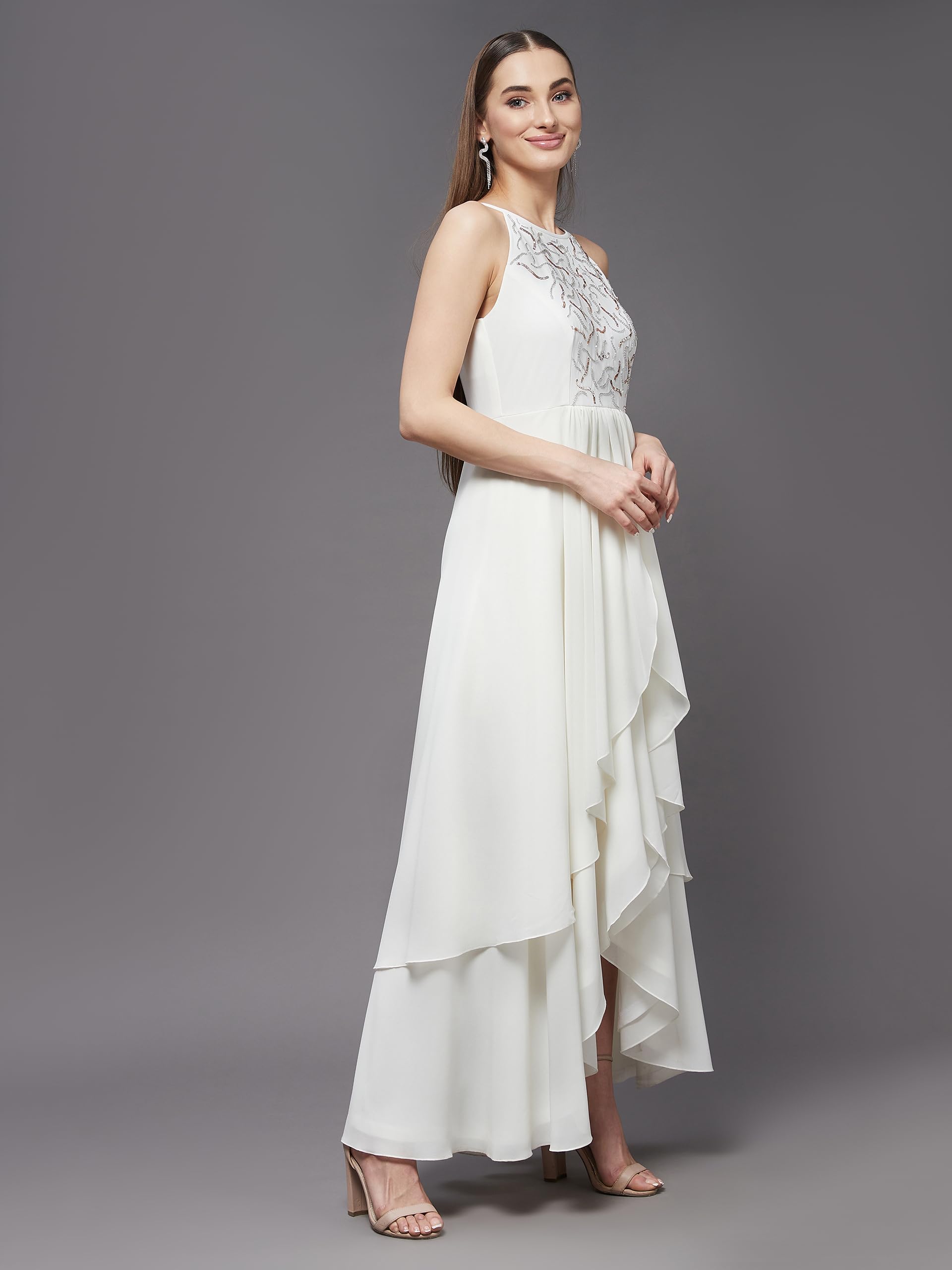 Miss Chase Women's Teal Round Neck Sleeveless Solid Embellished Maxi Dress (Medium, Off White)
