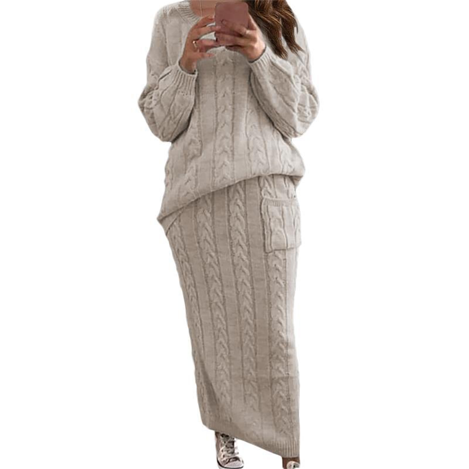 Womens Casual Chunky Long Skirt Sweater 2 Piece Outfit Pullover Sweater Sets Cable Knit Dress 2025 Winter Warm