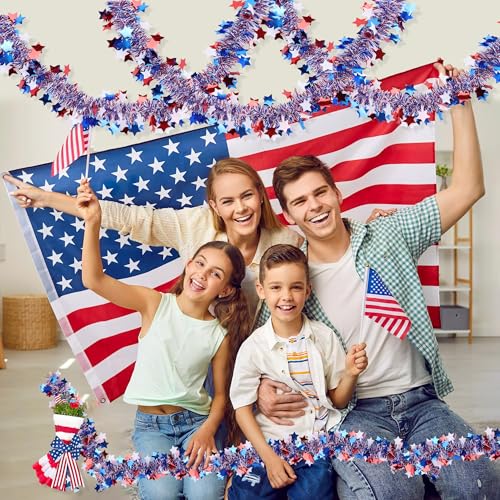 Image of 50FT 4th of July Patriotic Decor Tinsel Garland Decorations, Red White and Blue Star Garlands for Memorial Day Decor Fourth of July Independence Day Indoor Outdoor Yard Home Party Decor Supplies