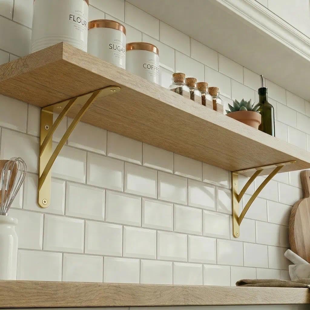 Z METNAL Staffe per mensole dorate, 200 mm, versatili ad angolo retto da parete, per ponteggi, decorazione da parete moderna in ottone, per scaffalature fai da te, 4 pezzi