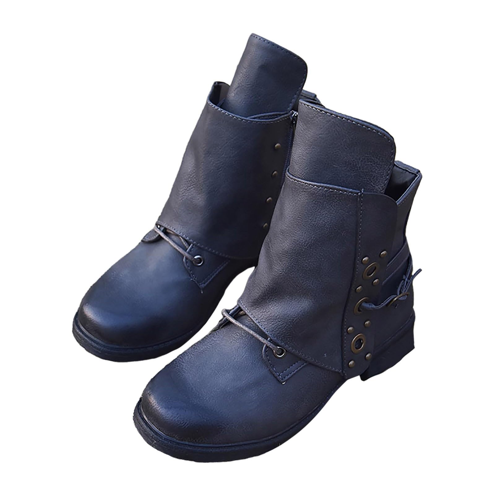 Womens Studded Ankle Boots Leather Chunky Heel Booties Round Toe Zipper Combat Lace up Punk Boots Women Wide