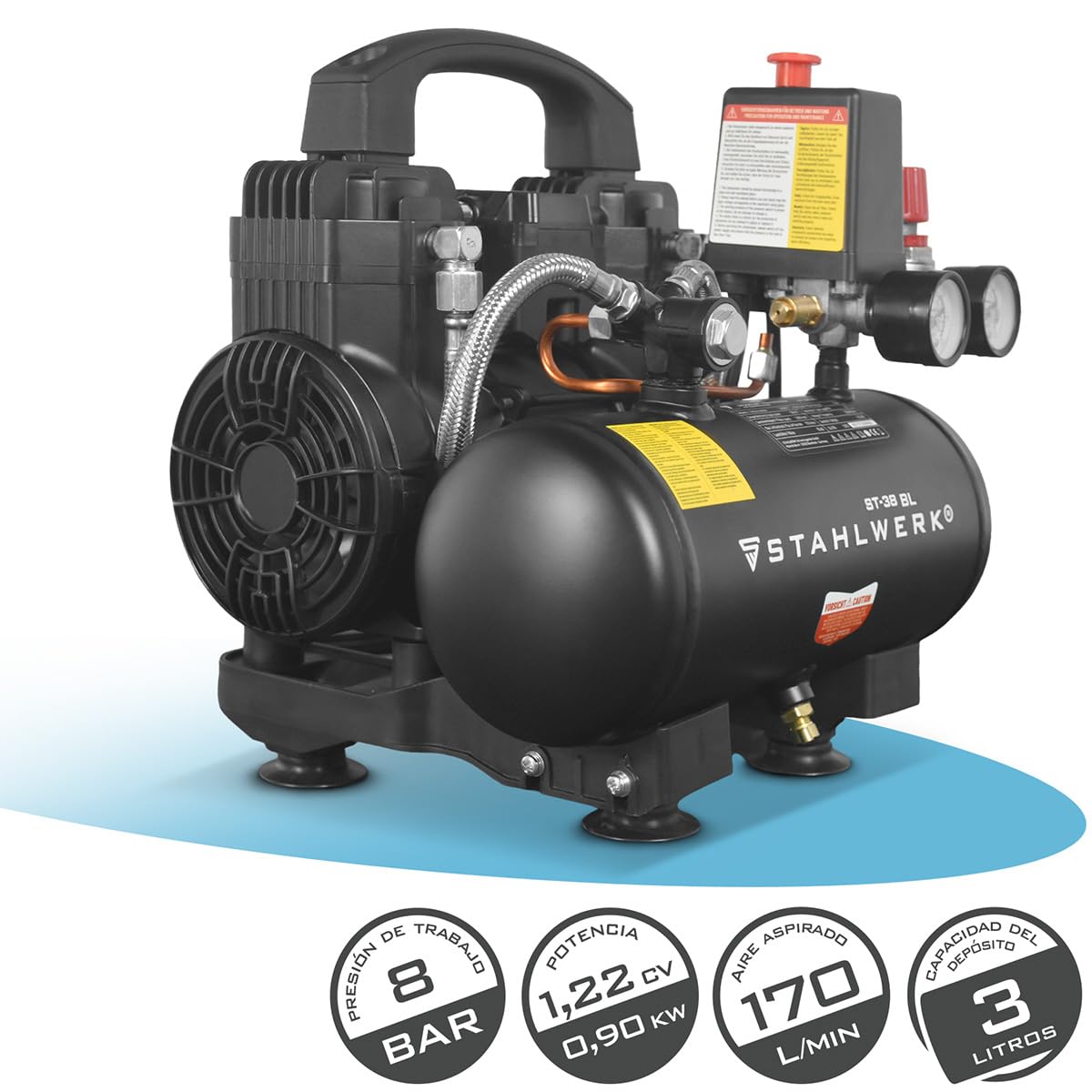 STAHLWERK Compresor con tanque de 3 L (ST-38 BL) – sin aceite y silencioso, 8 bar, compresor de aire con motores sin escobillas, 1,22 CV, 0,90 kW, 170 l/min, compresor de pistón silencioso