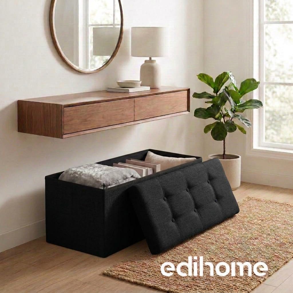 Edihome, Pouf Rangement Pliable avec Couvercle en Tissu 38x76x38 cm – Coffre de Rangement, Banc Multifonction, Repose Pied Salon, Coiffeuse (Noir)