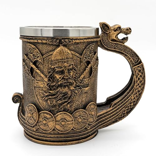 Boccale da birra vichingo retrò con manico a drago, inserto in acciaio inossidabile, tema guerriero medievale, boccale decorativo, inizia a bere come un guerriero (re rame)