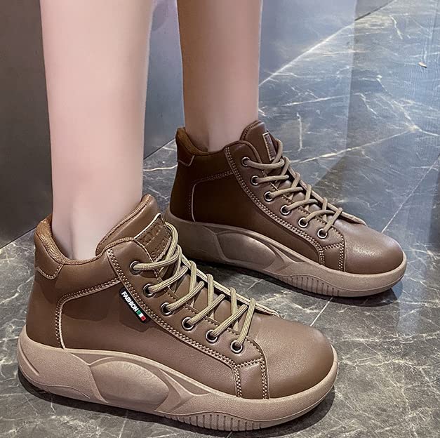 AUNTHUI Women'S Soft Leather Comfortable Casual Sneakers,Round-Toe Lace-Up Platform Sneakers,Outdoor Anti-Slip Shock Absorbing Heighten Fashion Running Sneakers4
