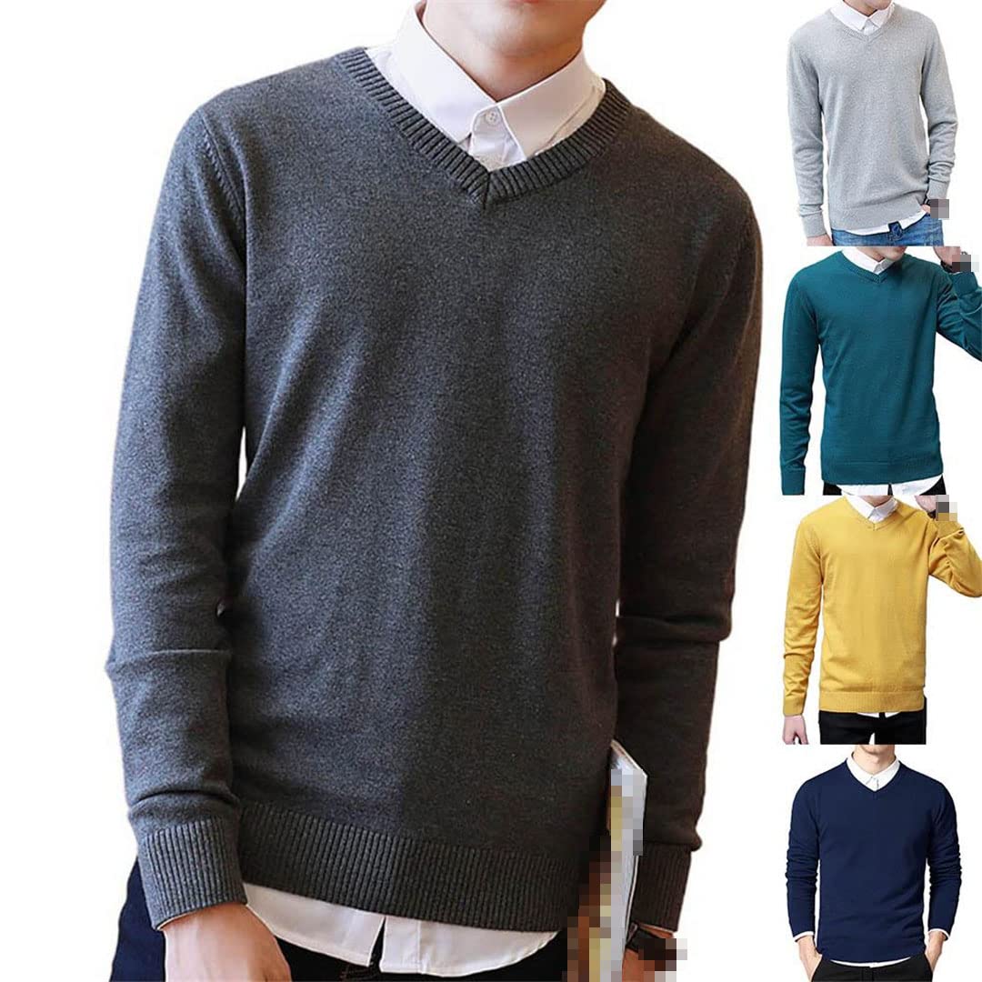 Vogrtcc Suéter de los hombres Suéter de punto Top Color sólido Cuello en V Manga larga Slim Pullover Knitwear Sweater