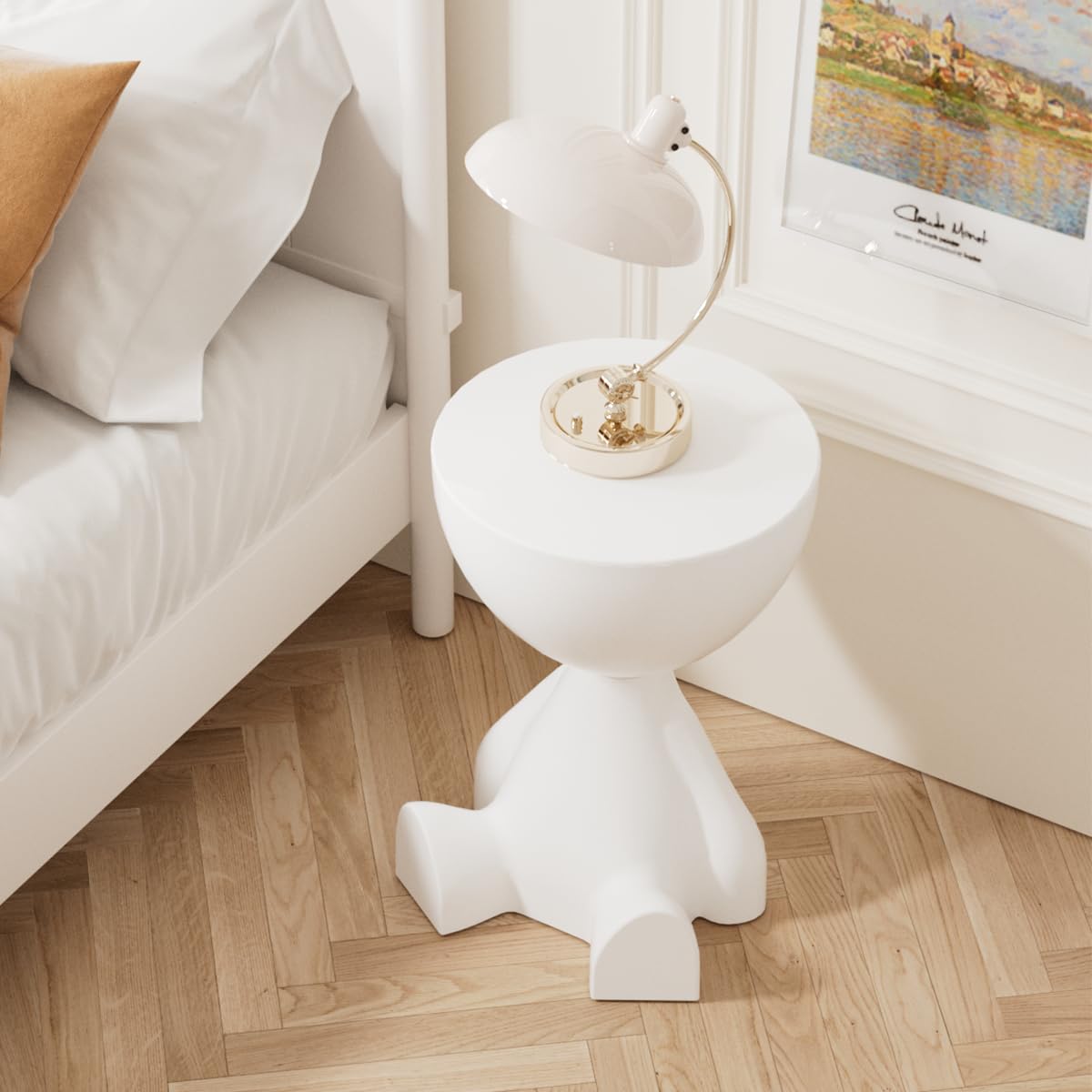 Photo 1 of AESRAOU Modern Hourglass Side Table, Mini Round Side Table, Hourglass End Tables, Small Coffee Table, Waterproof PE Construction, Small Round End Tables for Home, Living Room, Bedroom (Milky S)