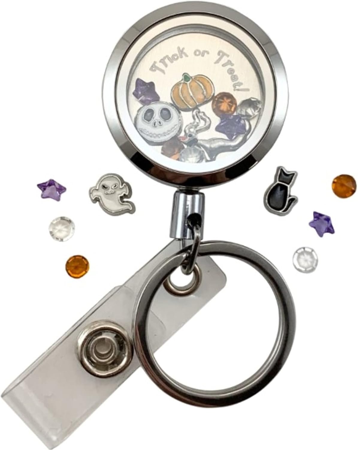 Custom Stainless Steel Lanyard with Floating Charm Locket Badge Reel with Sturdy Screw Top Lid and Key Ring Retractable Heavy Duty Rust and Tarnish Free Chain (FC LY Halloween)