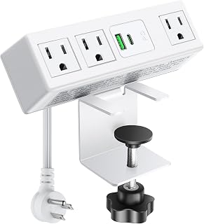 CCCEI 45W USB-C Port 3 Outlets Clamp Power Strip. Fast Charging Home Office Desktop Outlets Essentials Supplies, Standing Desk, Tabletop Edge Mount Power Outlet, for Laptop. White, 6FT.