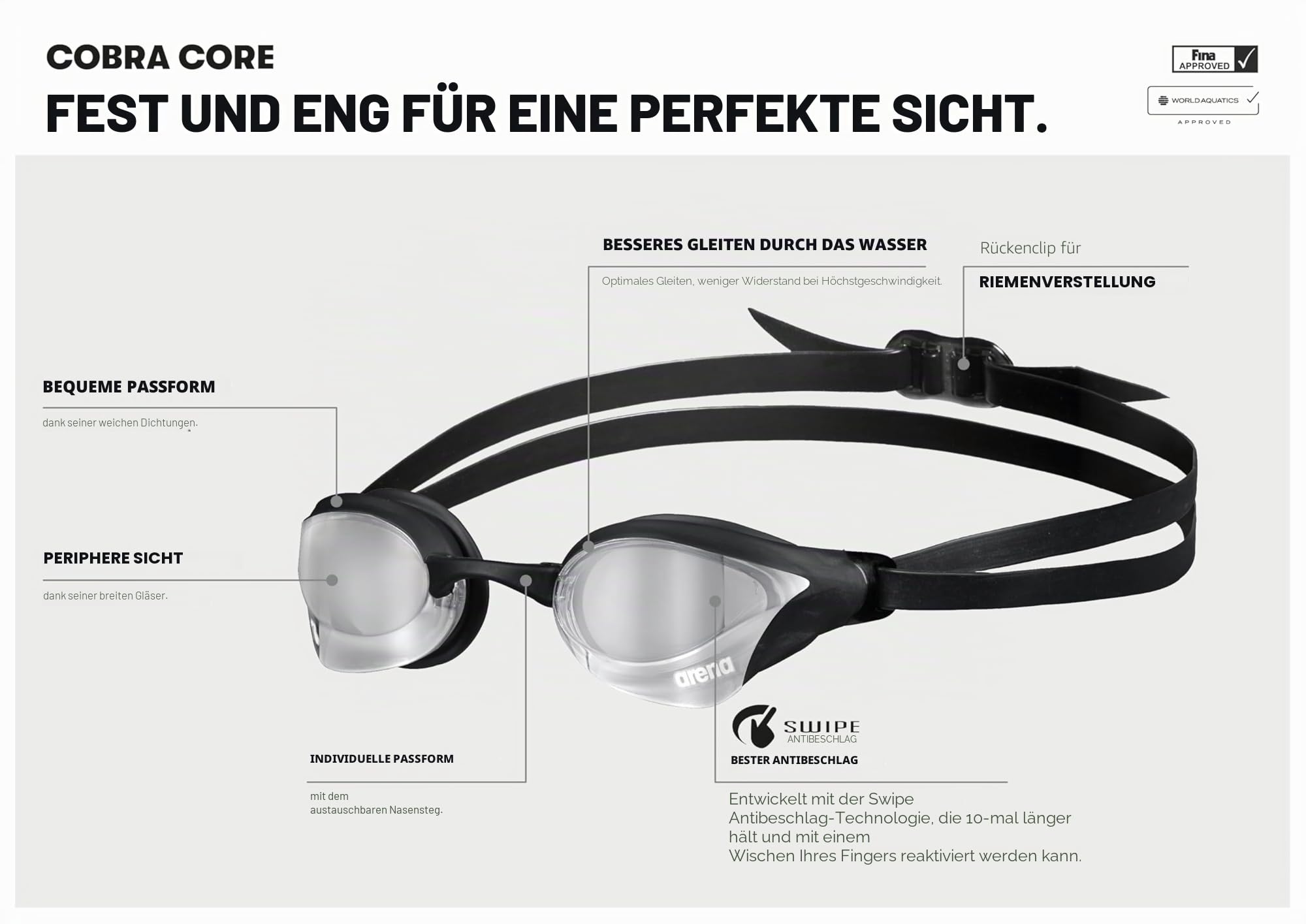 arena Cobra Core Swipe Mirror Unisex-Wettkampfbrille für Erwachsene, Schwimmbrille mit Gebogenen Spiegelgläsern, Anti-Beschlag, UV-Schutz, 5 Austauschbare Nasenstege