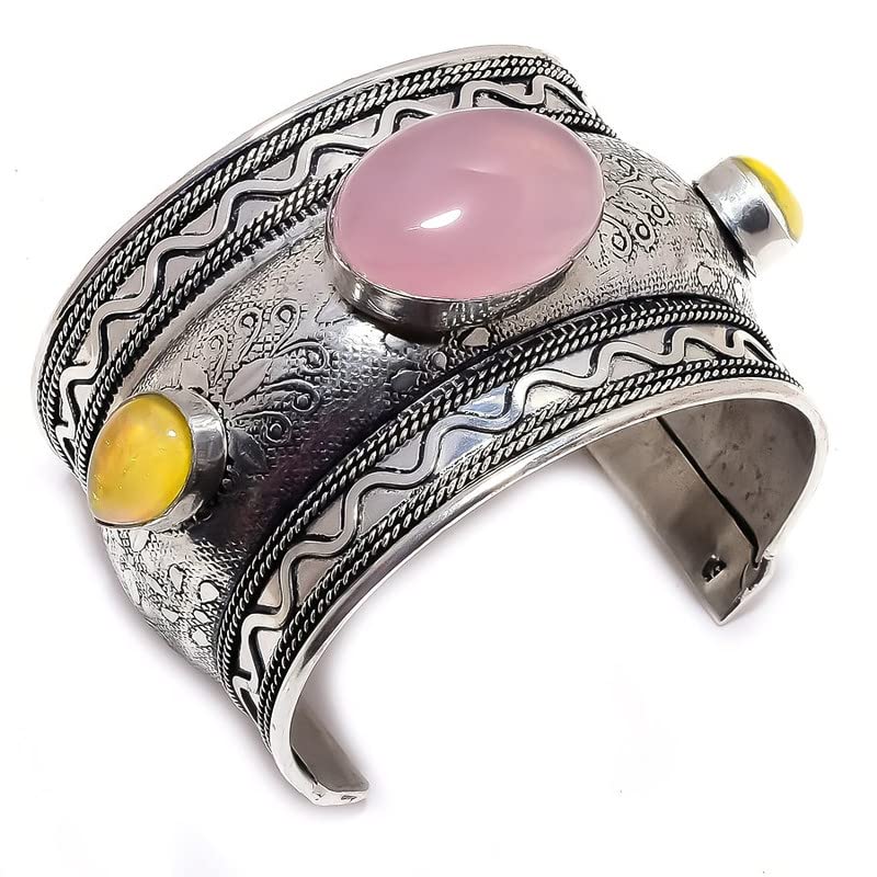 Bracelet manchette quartz rose et opale en argent fait main pour femme