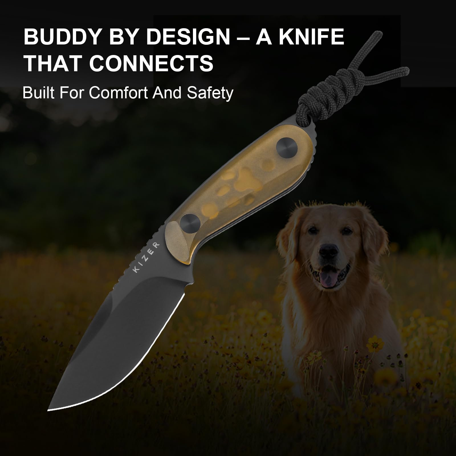 Kizer Buddy Jagdmesser EDC Messer mit Nitro V Klinge & PEI Griff, 1081A1 | 7,6 cm Drop Point Klinge Feststehende Messer mit Gelben Griff, Camping Messer mit Kydex Scheide für Outdoor Aktivitäten