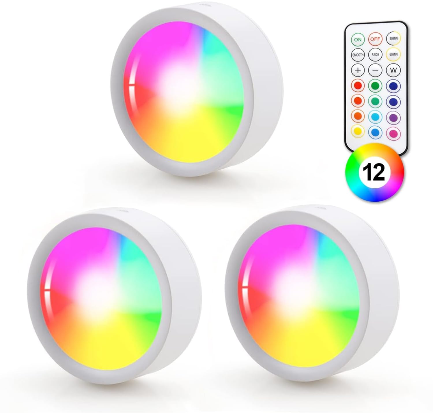 RGB Puck Lights with Remote, AA Battery Operated Under Cabinet Light,3-Pack — image 1