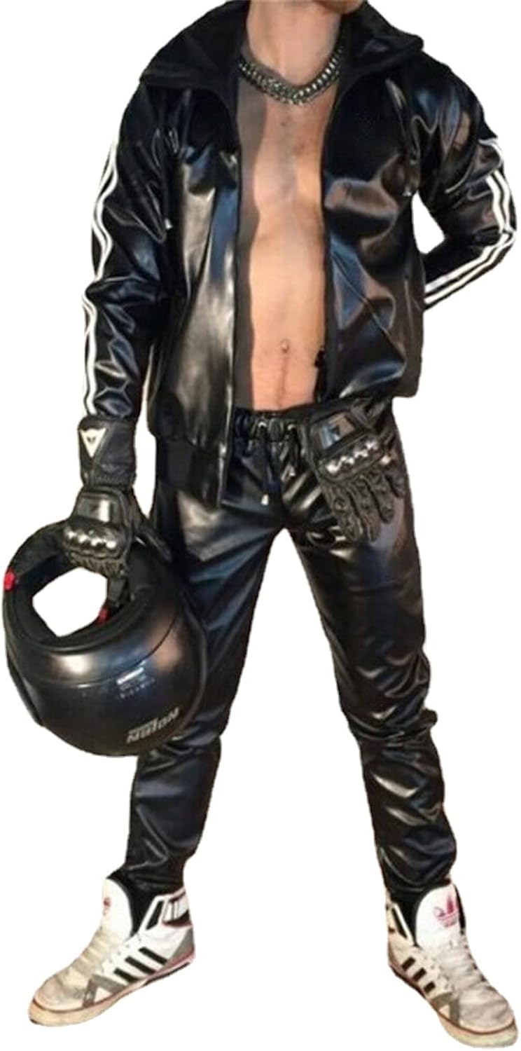 Crazynekos Herrenmode PU-Leder-Hoodie-Trainingsanzug, Patchwork-Leder-Sweatshirt-Hosen-Sets, Sportanzug, Schwarz, L, Schwarz