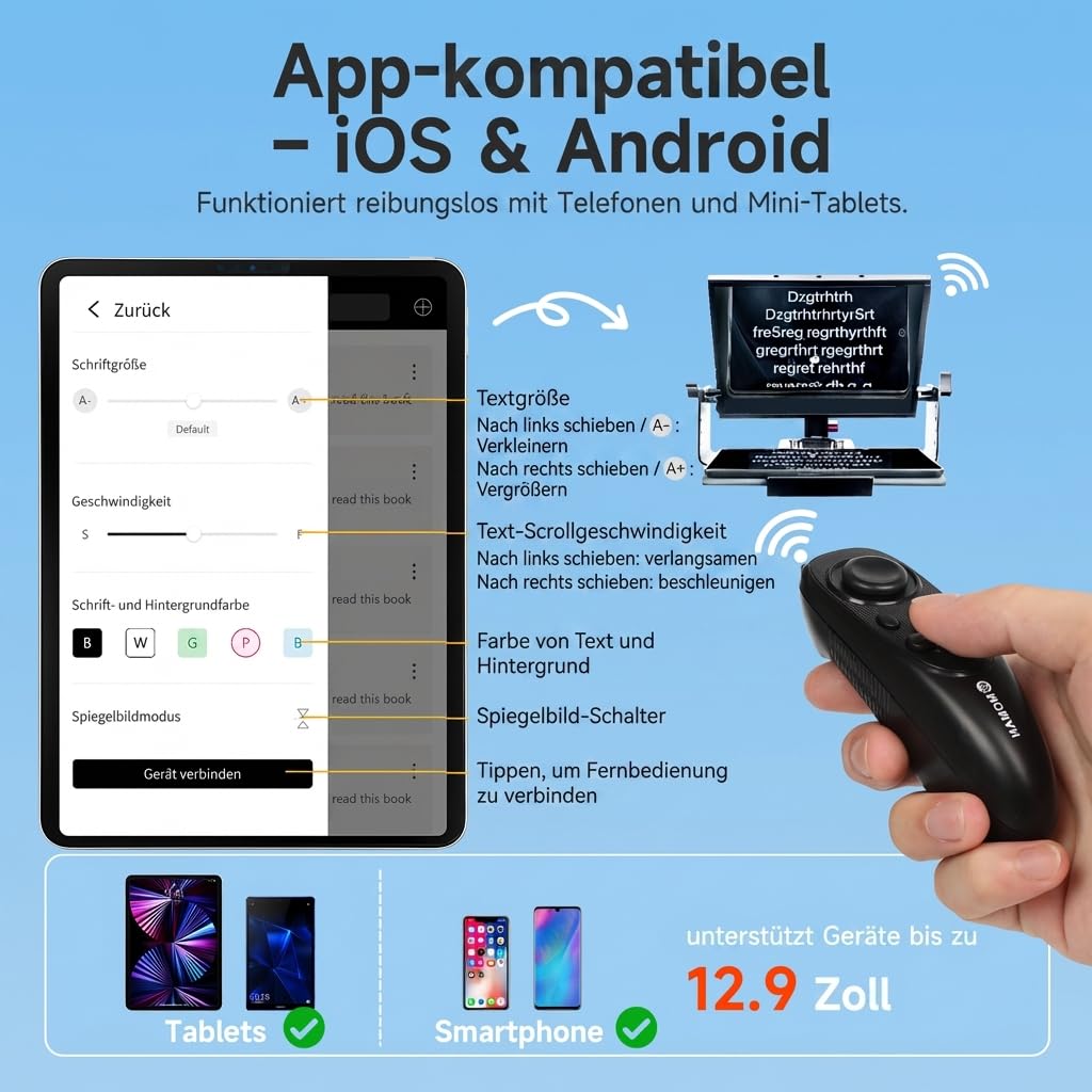 Moman MT12 telepromter 12,9 Zoll mit Fernbedienungs-App und Fernbedienung, Verstellbarer Ständer - Kompatibel mit iPad, Phone, Tablets, Smartphones, DSLR-Kameras und Camcordern