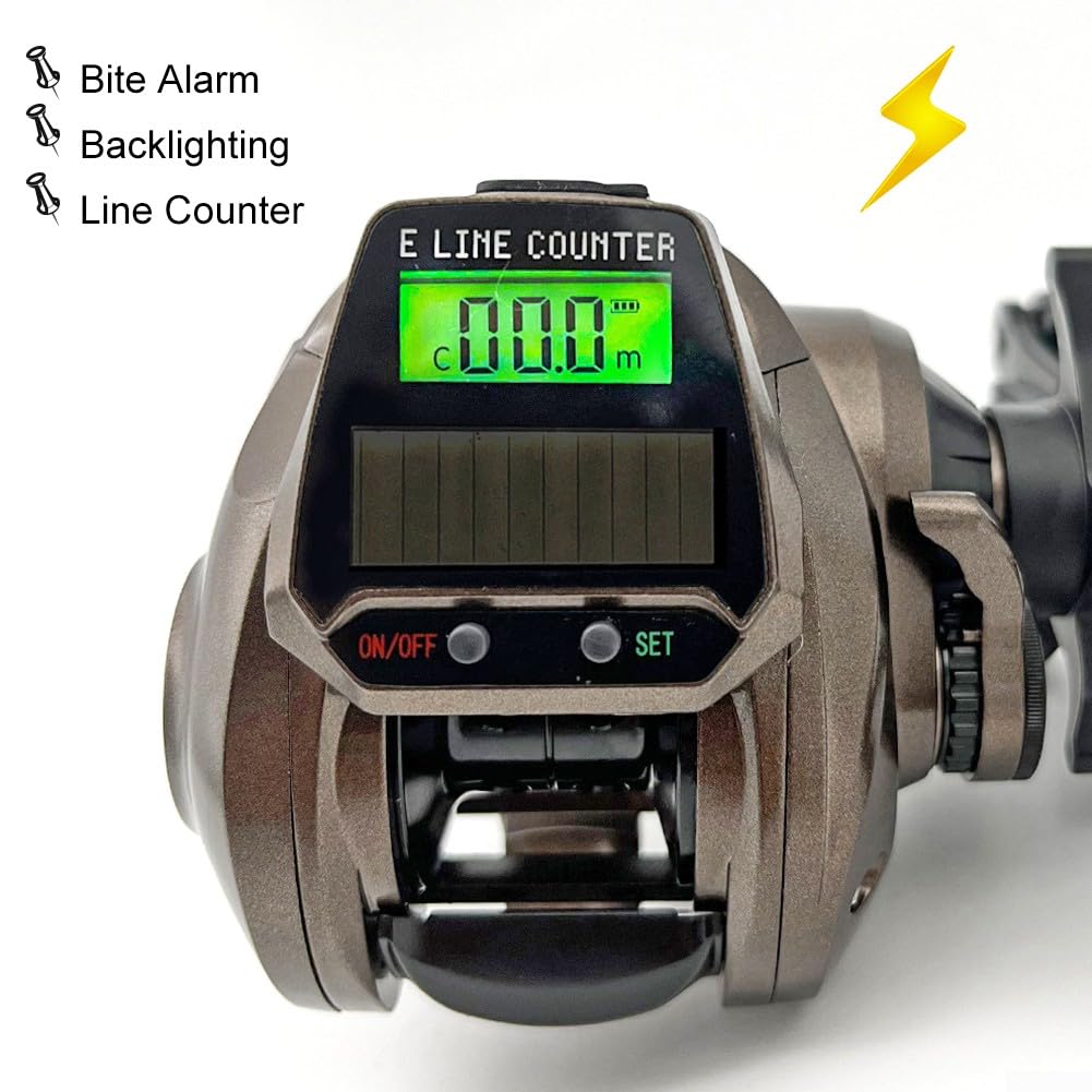 Moulinet De Pêche Baitcasting Numérique – 7.2:1, 5+1 Roulements, Alarme Morsure, Recharge USB/solaire, Frein 8 Kg