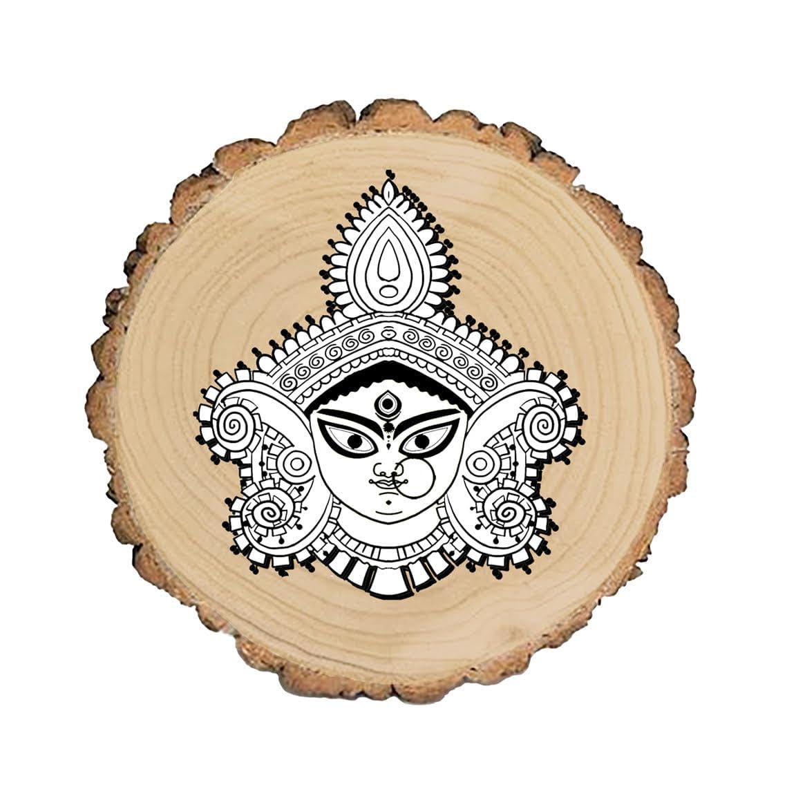 Sentoor Kartoon Kolkata Souvenir Wall Art Divine Ma Durga's Black and White Face Wood Slice Home Decor for Drawing room, bedroom, Kitchen Handcrafted Wooden Wall Hanging Best Gift for Colleagues, Friends, Couple, Wife, Husband Set of 1-image-18