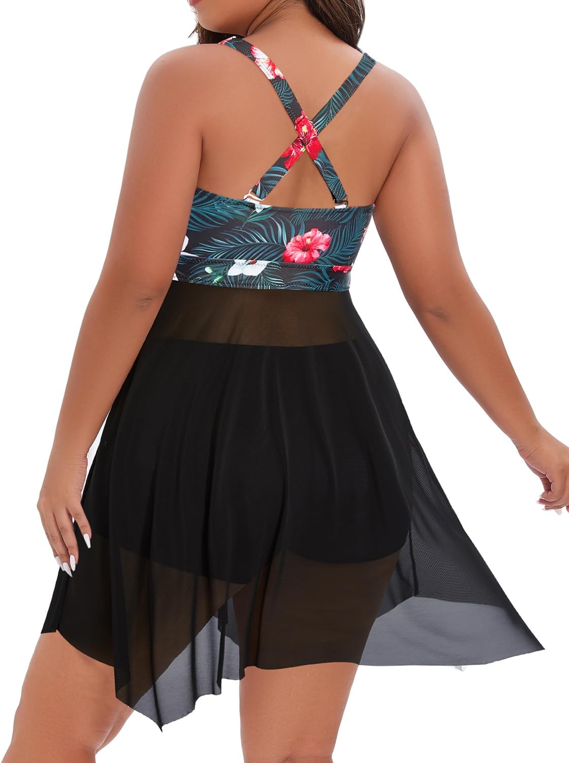 Daci Plus Size Swim Dress with Short for Women Mesh Tankini Swimsuits Flowy Two Piece Bathing Suits Black and Flower 22W
