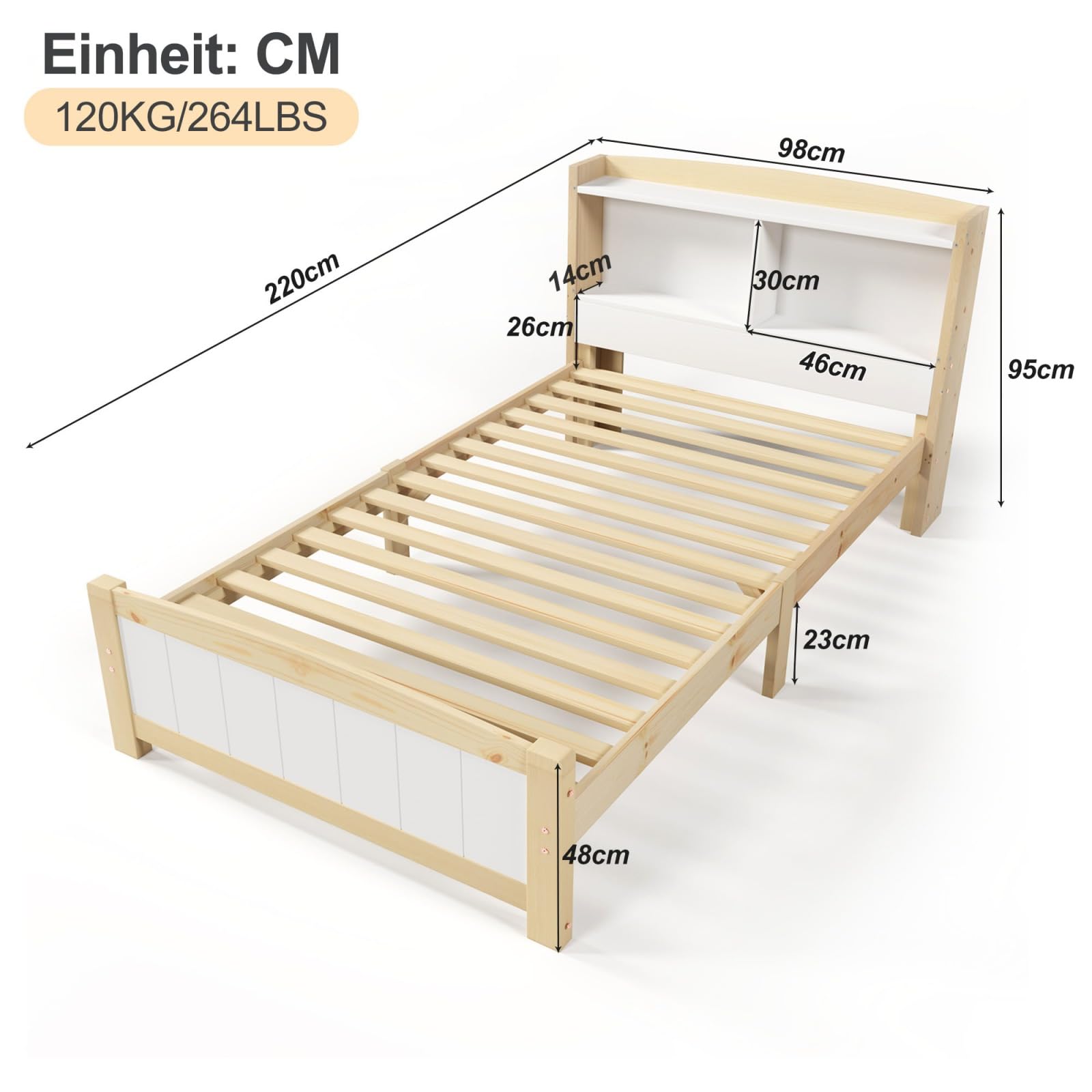 KOMHTOM Simple Lit en Bois avec Tête de lit de Rangement Cadre de lit Plateforme avec Sommier à Lattes pour Enfant, Adolescents(sans Matelas) (A, 90x200 cm)
