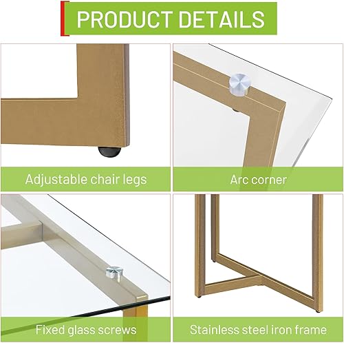 Miniatura 6 de FurnitureR Mesa rectangular moderna de vidrio templado espaciosa de 47 pulgadas y base dorada, elegante mesa de comedor para el hogar, cocina,