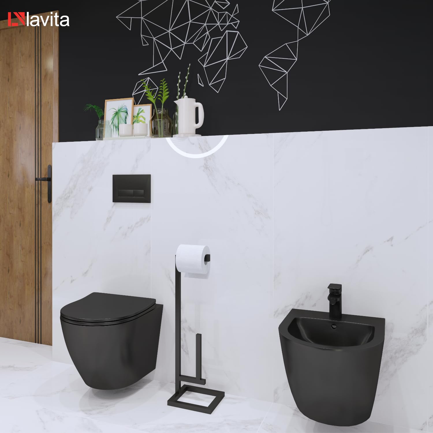 LAVITA Bidé universal de pared con orificio para grifo y protección contra desbordamiento de cerámica, 35,5 x 51 x 34 cm, lavabo para montaje en pared, color negro