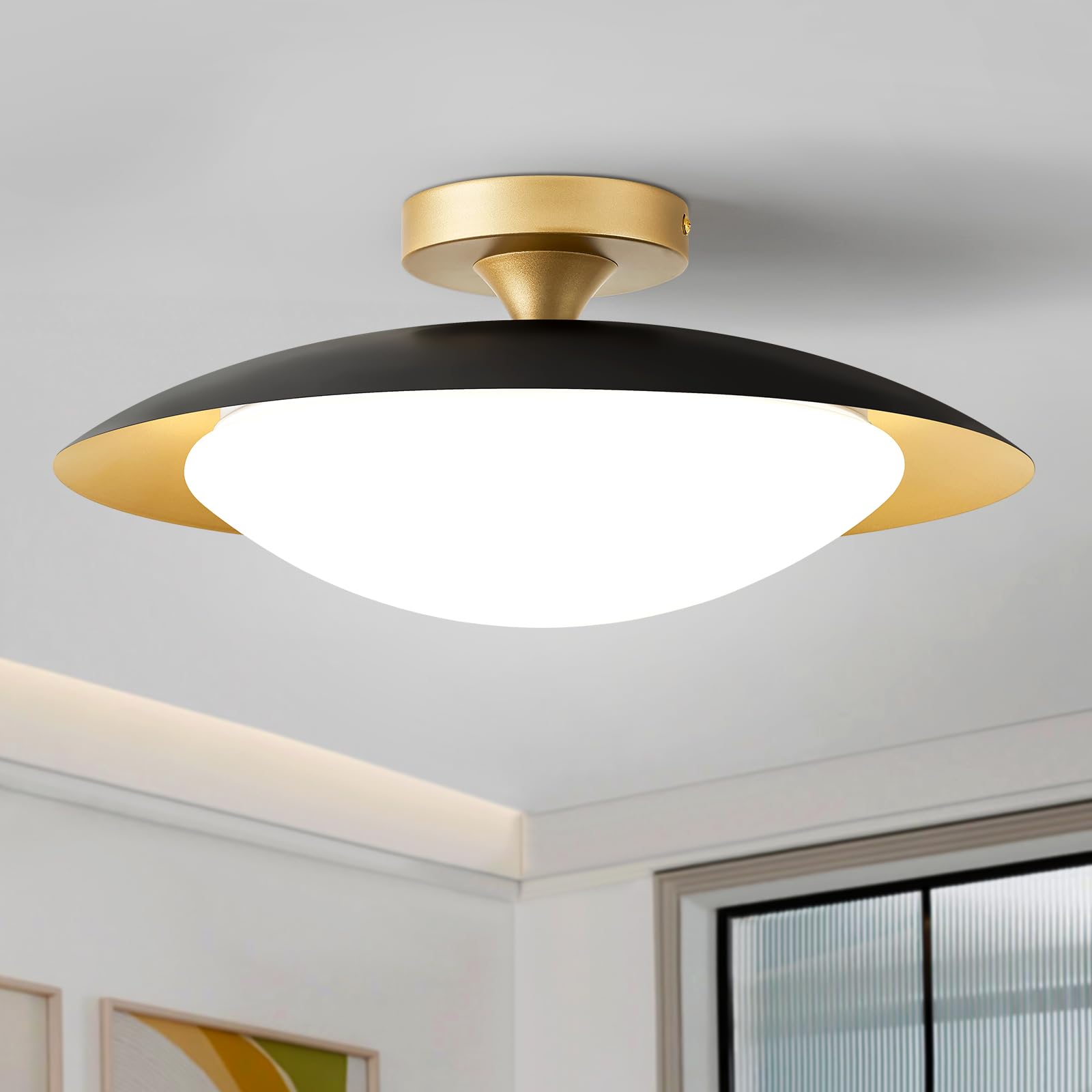 Dimmable Mid Century Modern Ceiling Light,LED Black and Gold Semi Flush Mount Ceiling Lighting with Acrylic Shade,Hallway Bedroom Bathroom Living Room Kitchen Light Fixture 2700K-6000K 5CCT 15.75 in