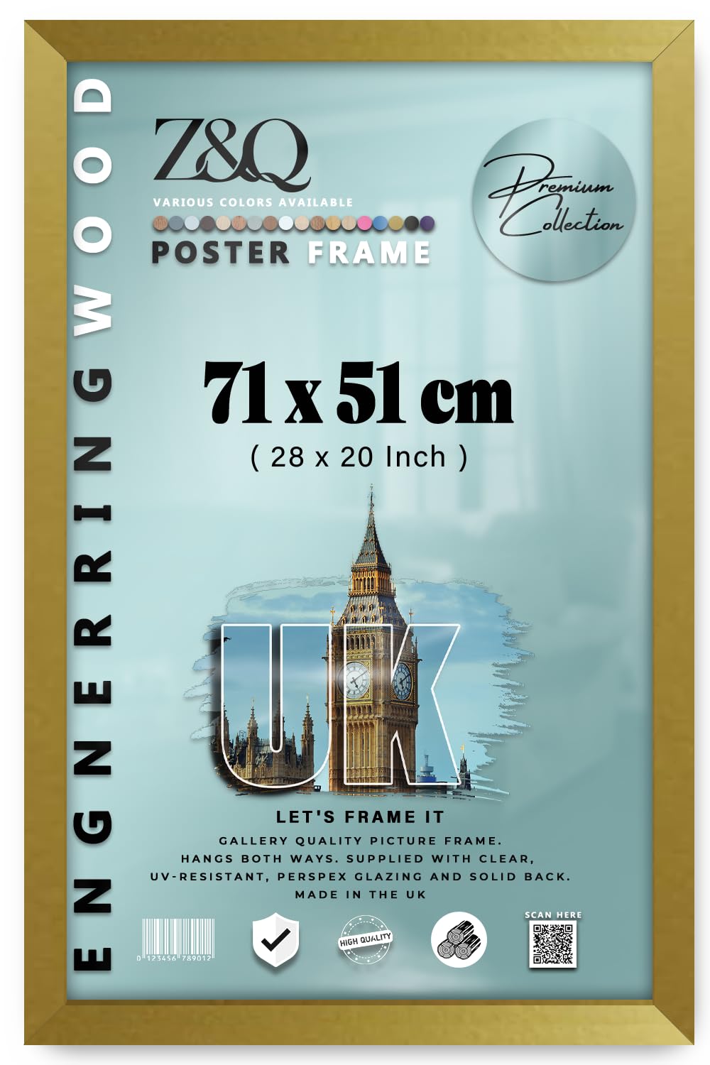 Z&Q Wall Mounted Poster Picture Frame Gold 51 x 71 cm Display Painting Photo Print With HD Clear Perspex Both Ways Hanging Hooks MDF Wood 30x15mm Moulding