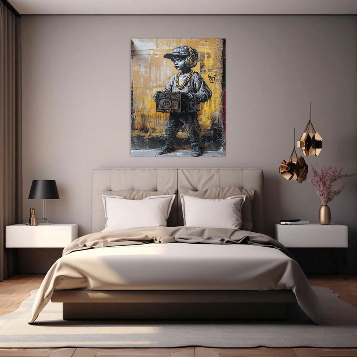 AIHNBF Graffiti Stampa su tela per ragazzo con boombox Street Art Urban Hip Hop Decorazione da parete Retro Musica Opera d'arte Giallo Nero Immagine moderna per soggiorno studio musicale adolescente