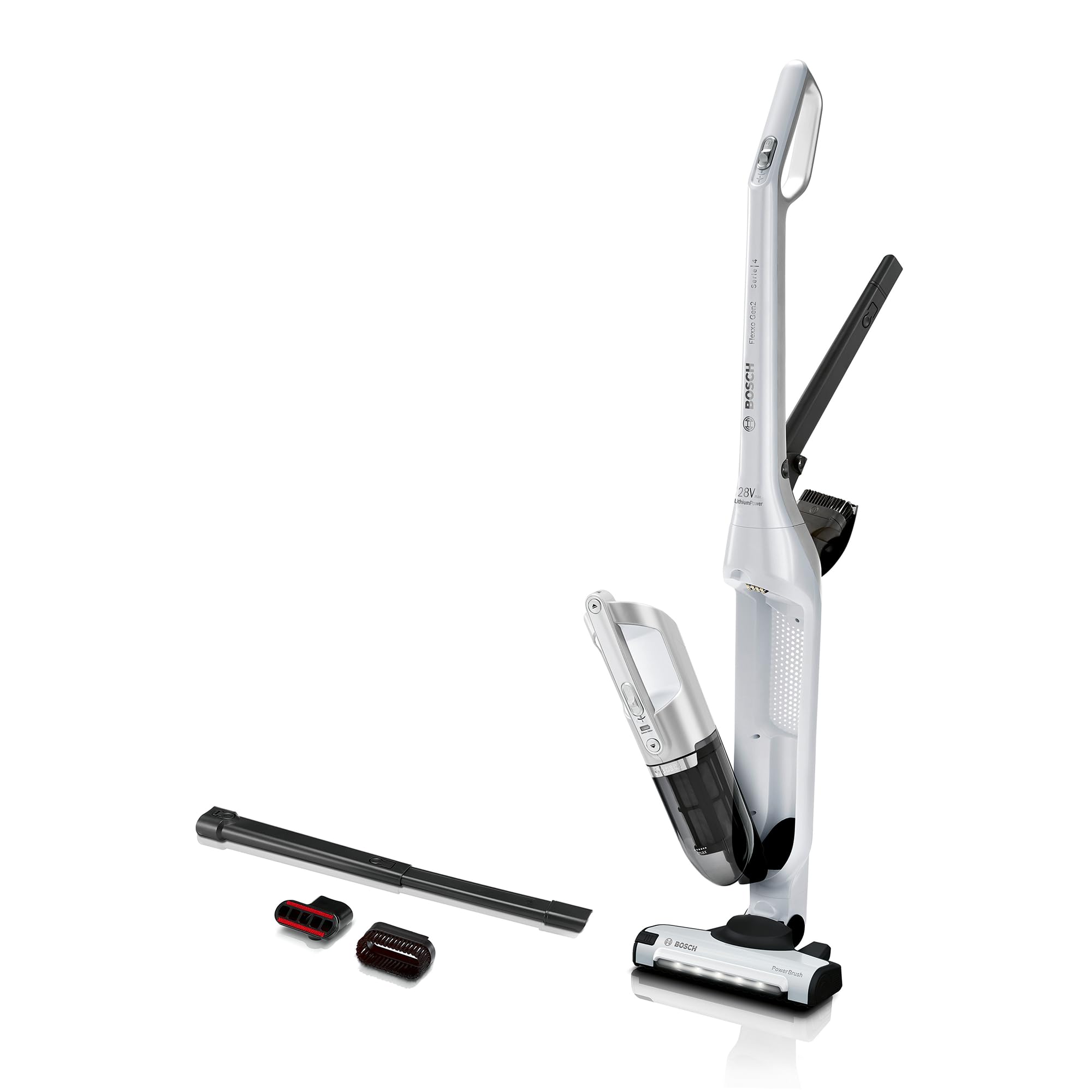Bosch, Flexxo Gen2 Serie 4, 28 Vmax, 2w1, bezprzewodowy, bezworkowy, odkurzacz ręczny i pionowy, zintegrowane akcesoria, polar white metallic, BBH3ALL28