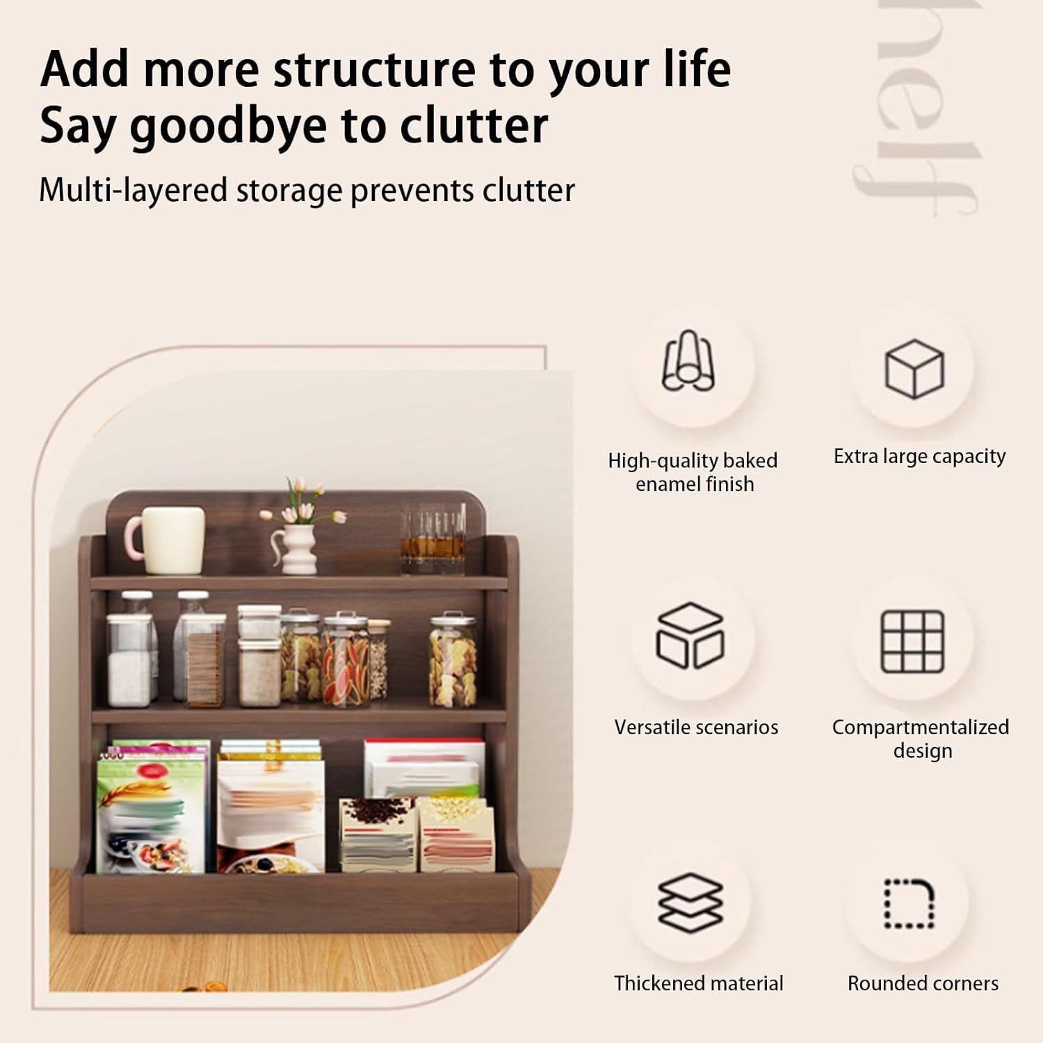 Organizador de madera para encimera y estante de almacenamiento, estante de despensa de 3 niveles, soporte para tazas de café para cocina, sala de estar, dormitorio, oficina