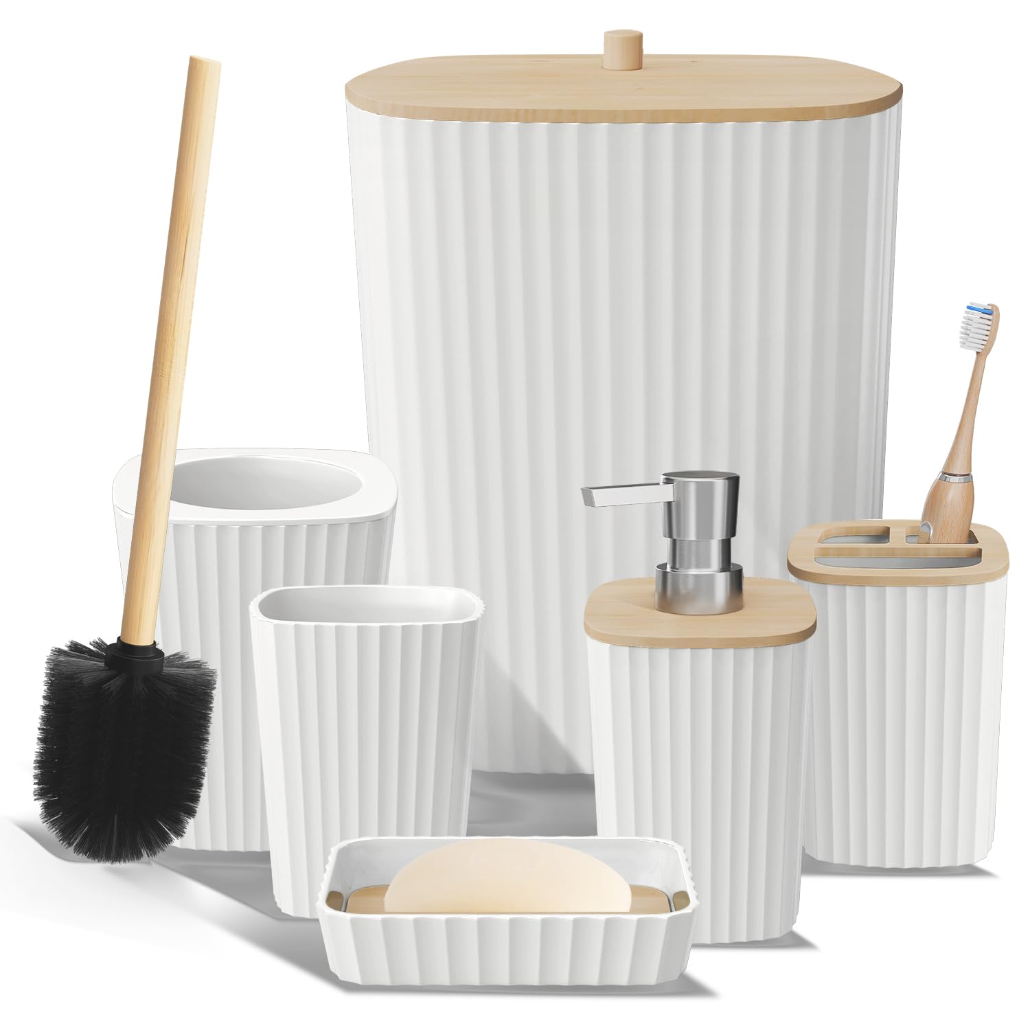 Clara Clark Bathroom Set - White Bathroom Accessories Set, 6PC Bathroom Accessory Set, Bathroom Sets with Toilet Brush, Trash Can & Soap Dispenser