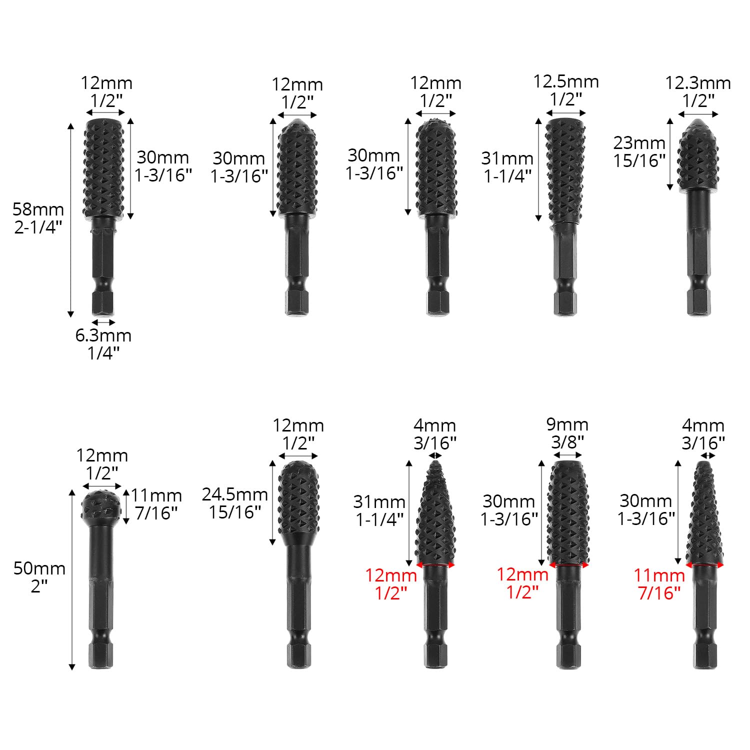 QWORK 10 Pieces Rotary Burr Wood Carving Rasp Files Set - 1/4" Hex Shank, Precision Milled, for Wood Plastic Engraving Deburring — Amazon image 2