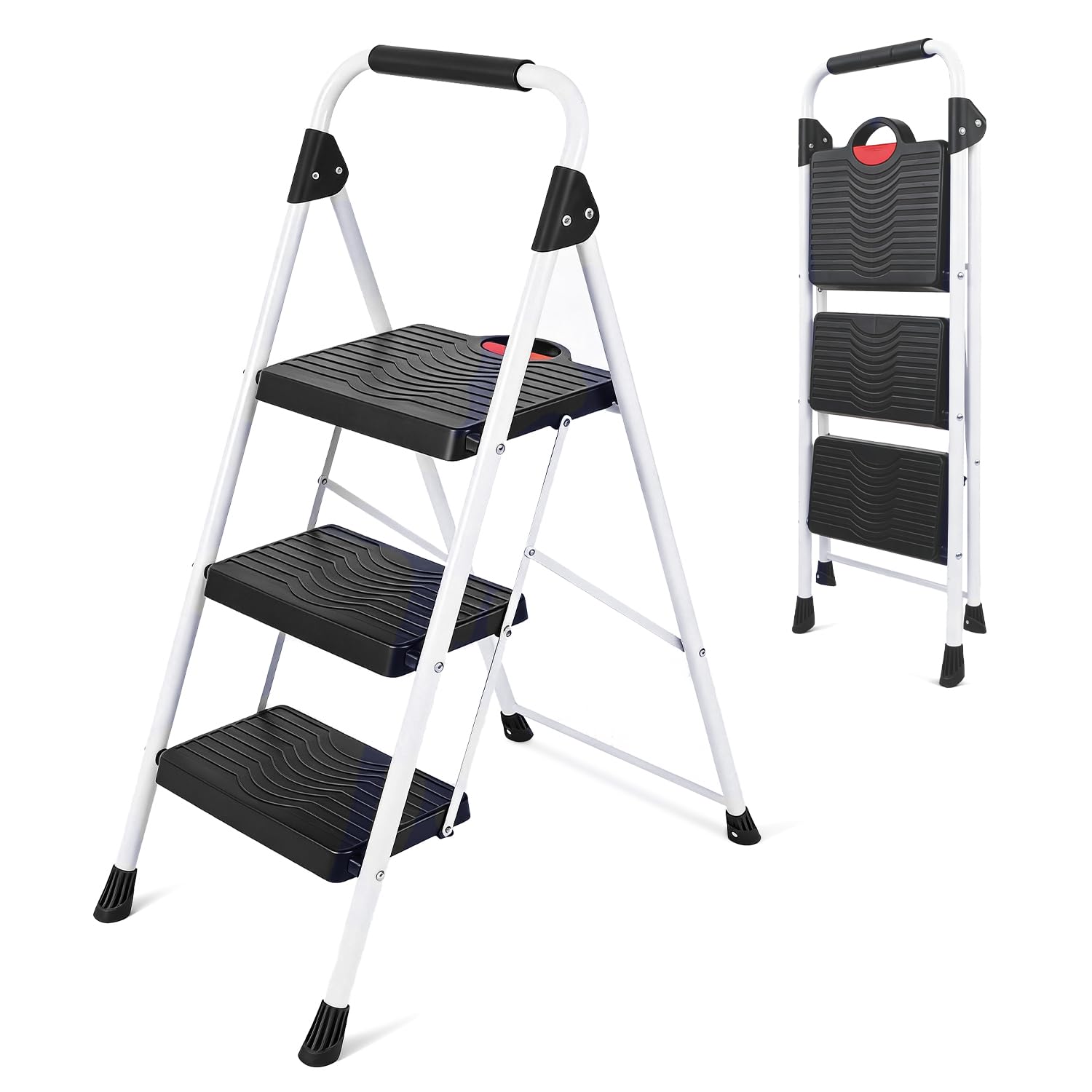 Sekey Escalera 3 Peldaños Plegable, Escalera con Marco de Acero Resistente, Superficies de Plástico Antideslizantes, en Hogar y Cocina, Homologada SGS EN131-2 y 14183, Soporta hasta 150 kg
