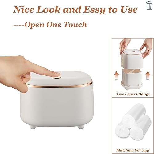 Miniatura 2 de Mini bote de basura para encimera con tapa, papelera de plástico con 3 rollos de bolsas de basura, mini contenedor de escritorio de 1.5 litros,