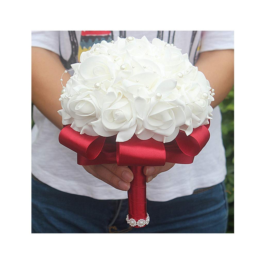Bouquet de mariée fausses roses en mousse rouge avec ruban de mariage