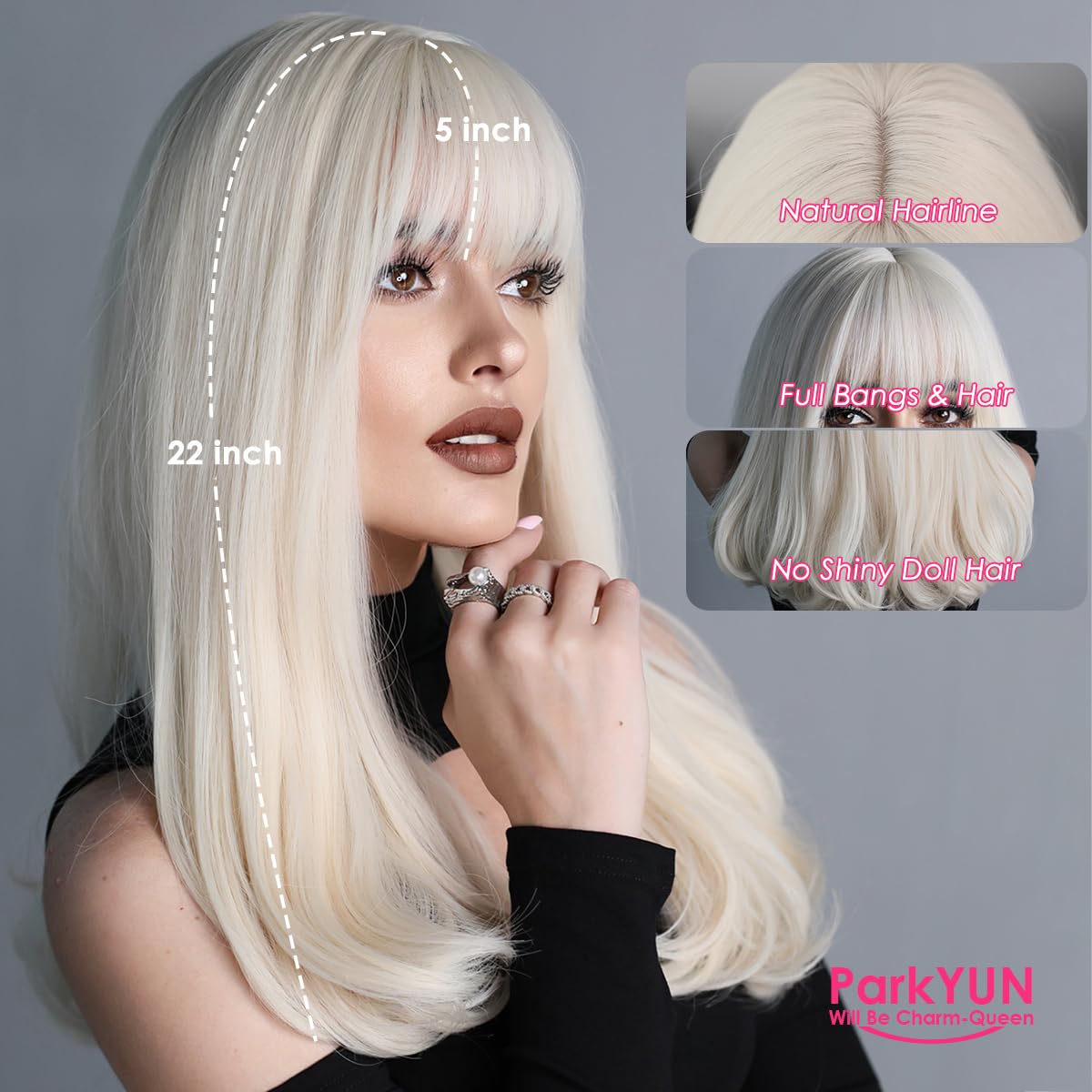 Platinum Blonde Wigs for Women Layered Wig With Bangs 22 Inch Shoulder Length Amazon.com : PARK YUN Long Platinum Blonde Wigs for Women  main image 3