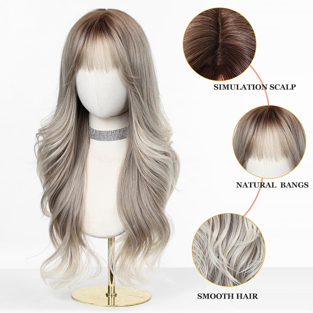 Esmee Parrucche Lunghe Ondulate Bionde per Donne con Frangia Capelli Sintetici Naturali con Ombre per Uso Quotidiano e per Feste