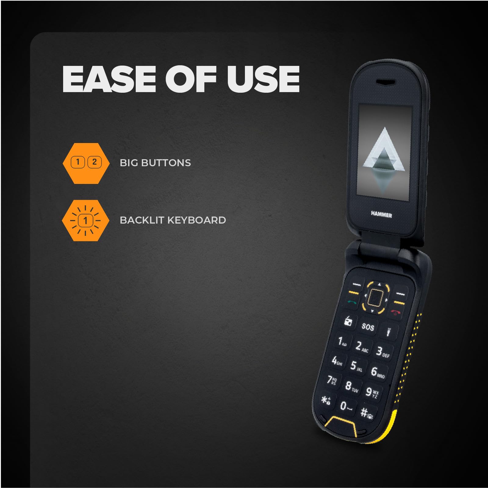 Flip Phone Hammer Dig LTE 4G Robusto Teléfono de Tapa, 2 Pantallas, simlock-Free, Dual SIM, sin Contrato, 1200 mAh, 4G/LTE, Resistente al Agua IP68