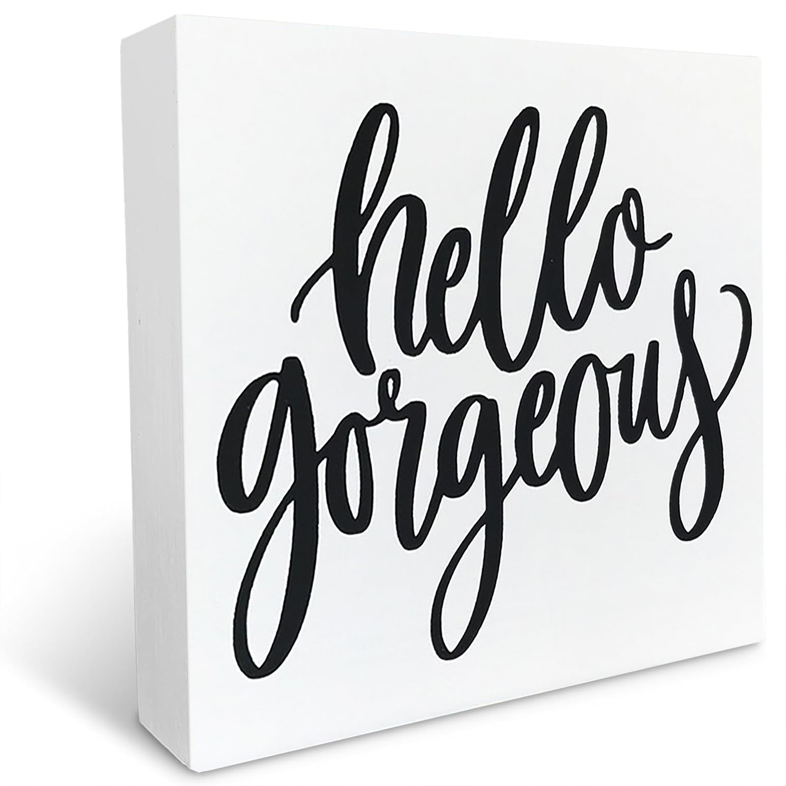 FixeLLD Hello Gorgeous Wood Block Plaque Box Sign Desk Decorations for Home Bedroom Living Room Office Desk Shelf Table Decor 7x7 Inch