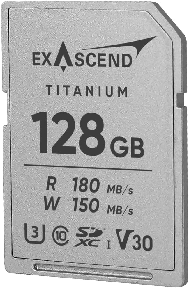 Exascend V30 All-Metal SD Card, UHS-I, V30, 4K Ultra HD, up to 180 MB/s, IP67 Waterproof & Dustproof, Compatible with Canon, Nikon, Panasonic and Other Cameras (128, GB)