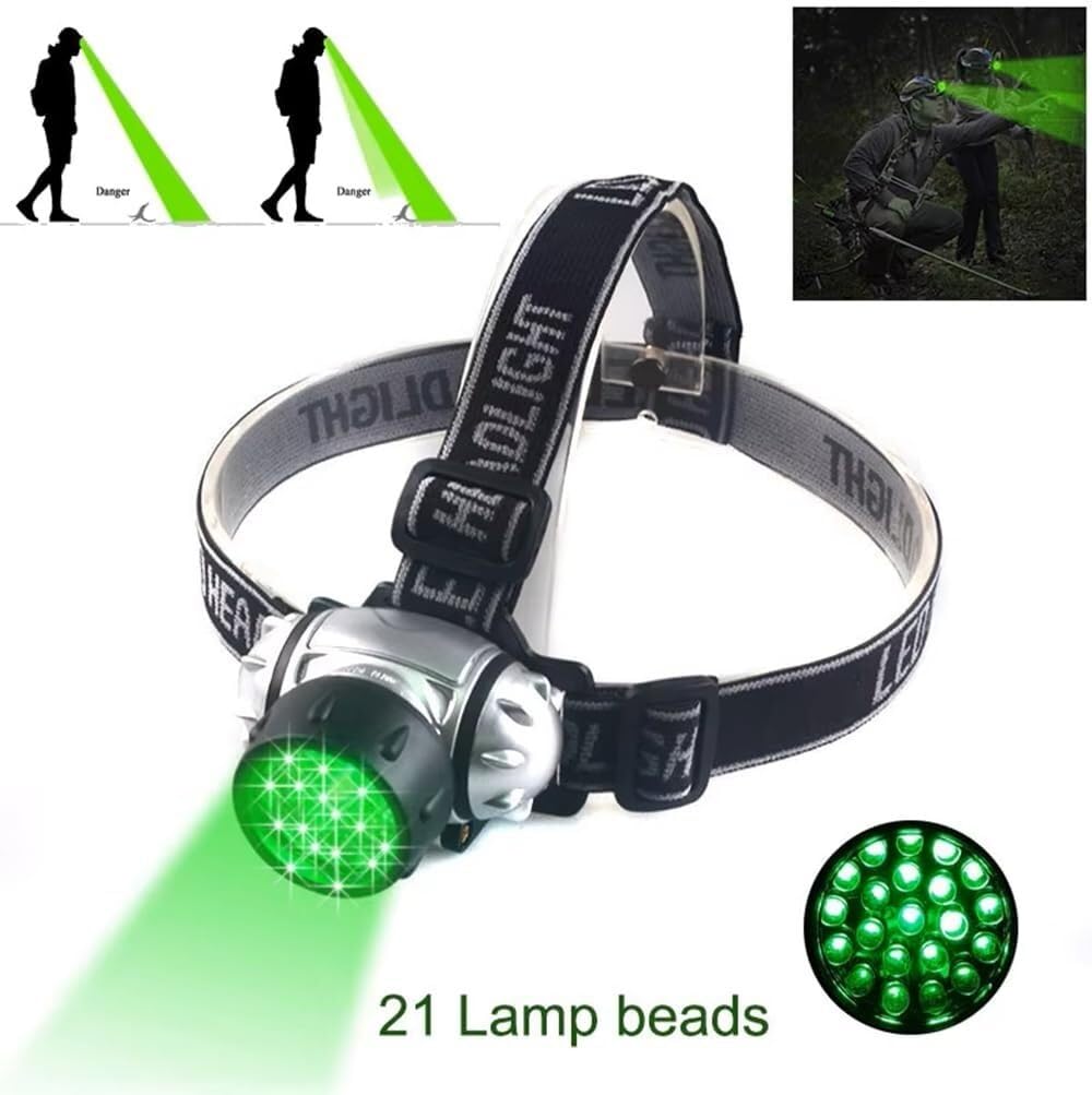 Latarka czołowa LED z 4 trybami pracy, noktowizorem, latarka LED do użytku na zewnątrz, latarka czołowa, lampa kempingowa, lampa myśliwska(Green Light)