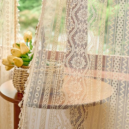 Image of MYSKY HOME Beige Boho Lace Sheer Curtains with Tassels 84 Inch Length 2 Panels Vintage Floral Bohemian Pattern French Rustic Crochet Geometry Striped Rod Pocket Drapes for Living Room Bedroom, 55 inch W