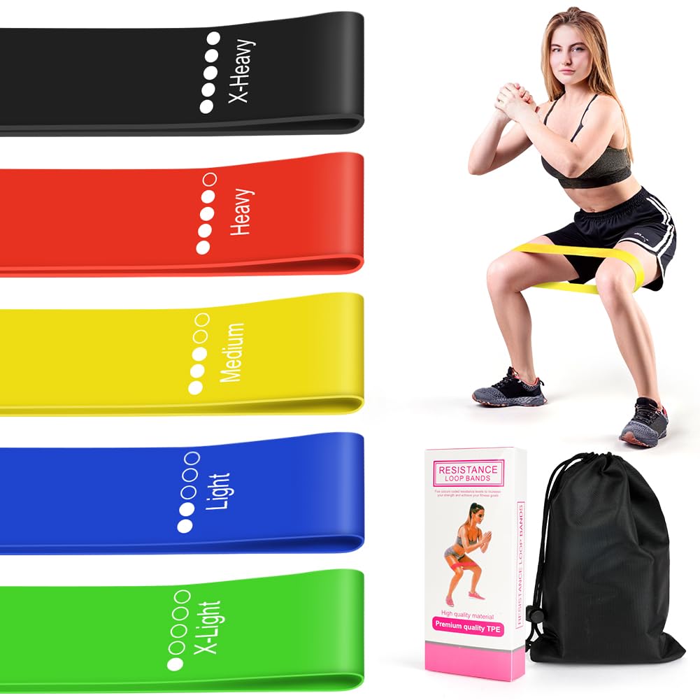AOOSA Resistance Bands, Set of 5 Exercise Bands for Women and Men, Skin-Friendly Elastic Resistance Loops 5 Levels, Multi-Colored Workout Band for Yoga, Pilates, Rehab, Home, Gym with Carry bag