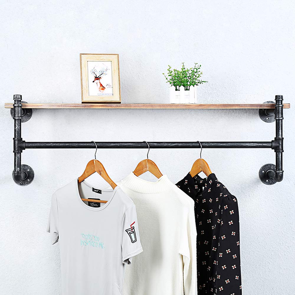 Buy Industrial Pipe Clothing Rack Wall ed with Real Wood Shelf,Pipe