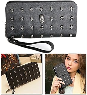 OFKPO Faux PU Leather Long Zipper Wallet Purse with Skull Plated for Women (Black)